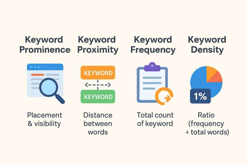 Keyword Prominence, Keyword Proximity, Keyword Frequency, and Keyword Density