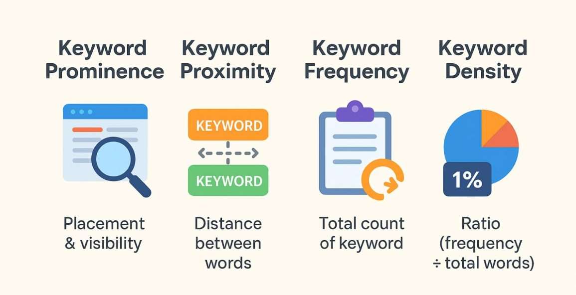 Keyword Prominence, Keyword Proximity, Keyword Frequency, and Keyword Density